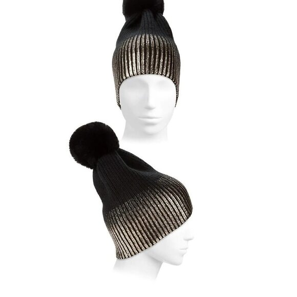 NWT - JOCELYN Faux Fur Pom Metallic Ombré Knit Cream and Golden Brown Beanie Hat